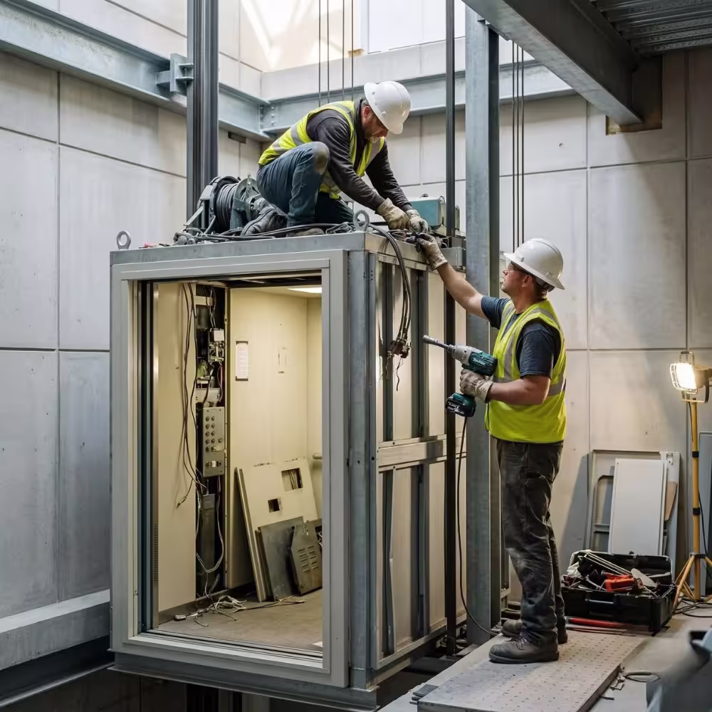 Construction worker wearing a white hard hat and yellow safety vest using a power tool to fasten metal beams inside a concrete building.