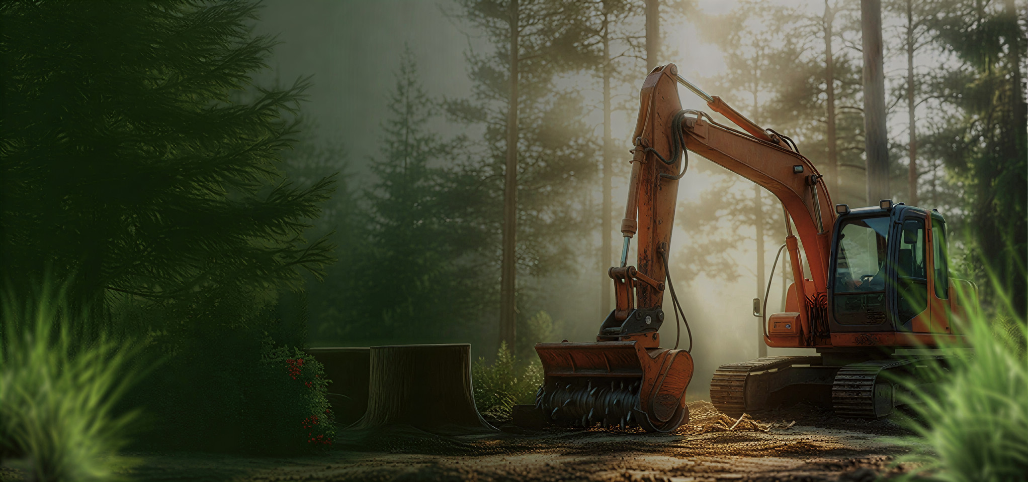 Orange excavator parked on a forest dirt path near tree stumps with sunlight filtering through tall trees.