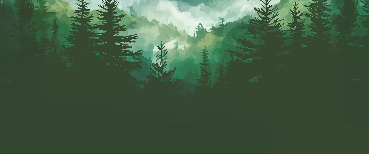 Stylized green forest with tall pine trees and misty hills in the background.