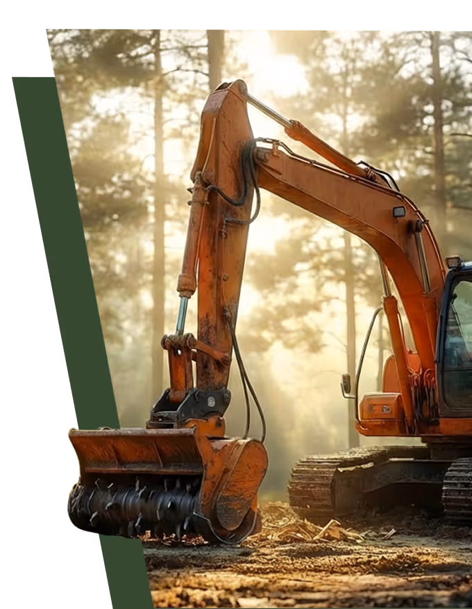 Orange excavator with a rotating drum attachment at a construction site surrounded by trees in soft sunlight.