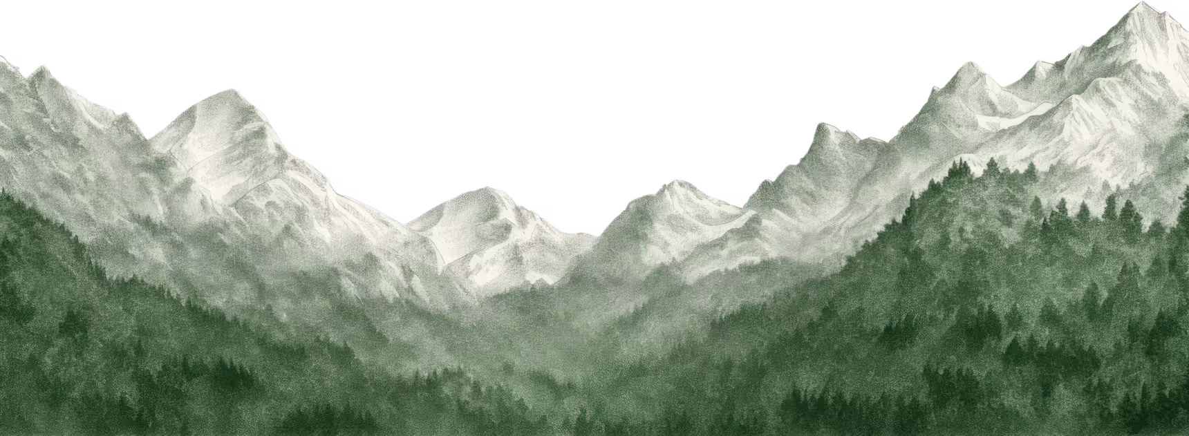 Illustration of green forested mountains with snow-capped peaks in the background.