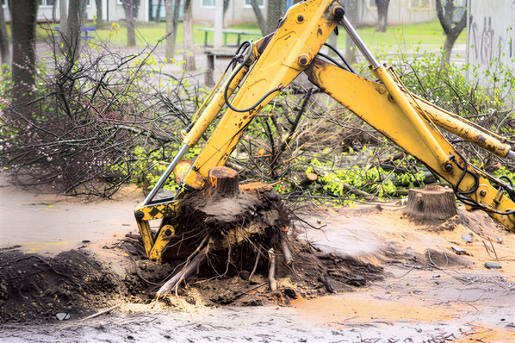 Yellow excavator arm uprooting a tree stump in a muddy urban area with cut branches and sawdust nearby.