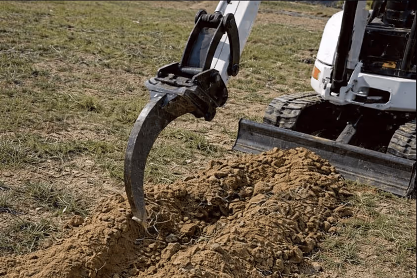 Excavator digging into soil on a grassy field, showing the metal digging arm and part of the tracked vehicle.