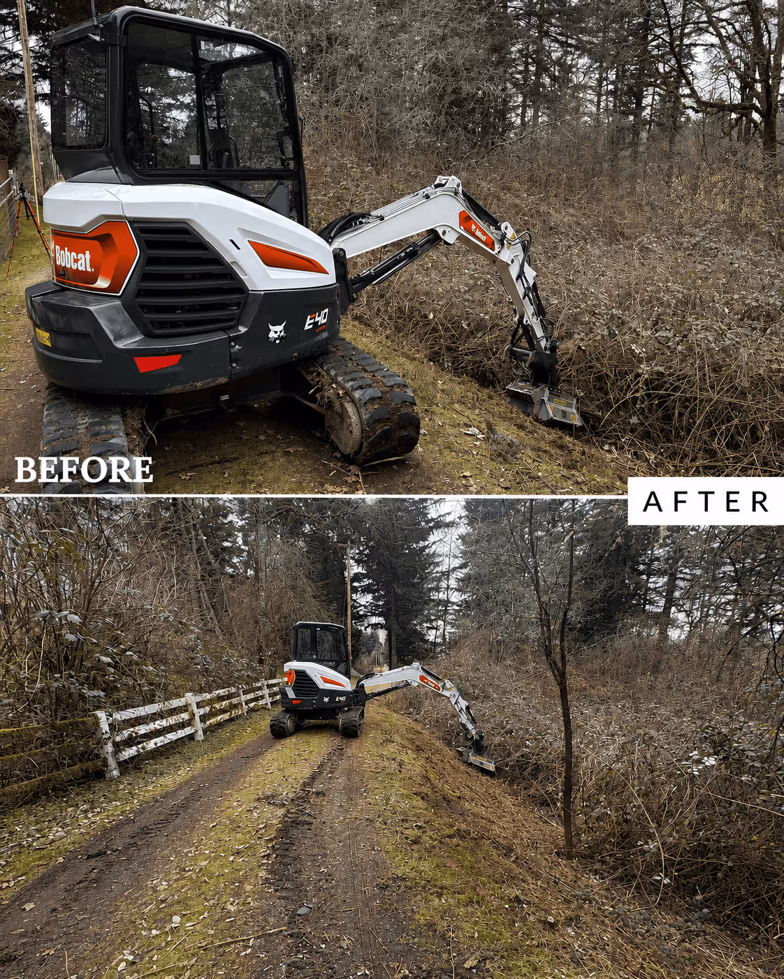 Before and after images of a Bobcat E40 excavator clearing dense brush along a forested dirt path.