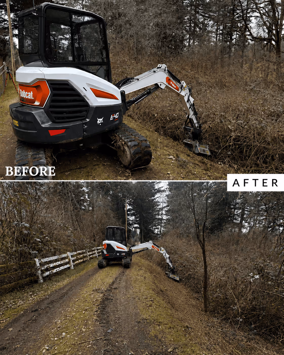 Side-by-side before and after images of a Bobcat E40 clearing brush from a roadside ditch.