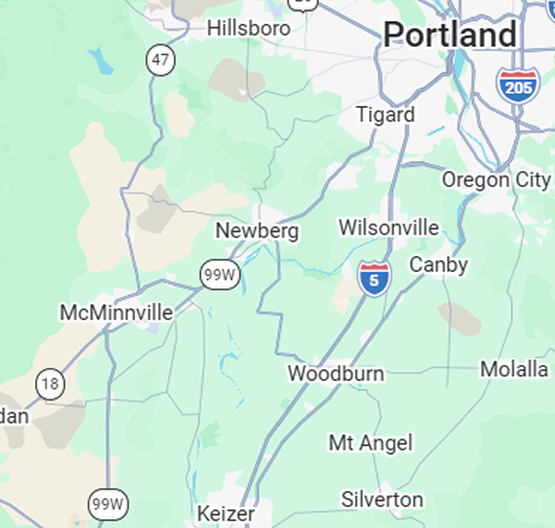 Map showing service area around Portland, Oregon, including Hillsboro, Tigard, Wilsonville, and McMinnville.
