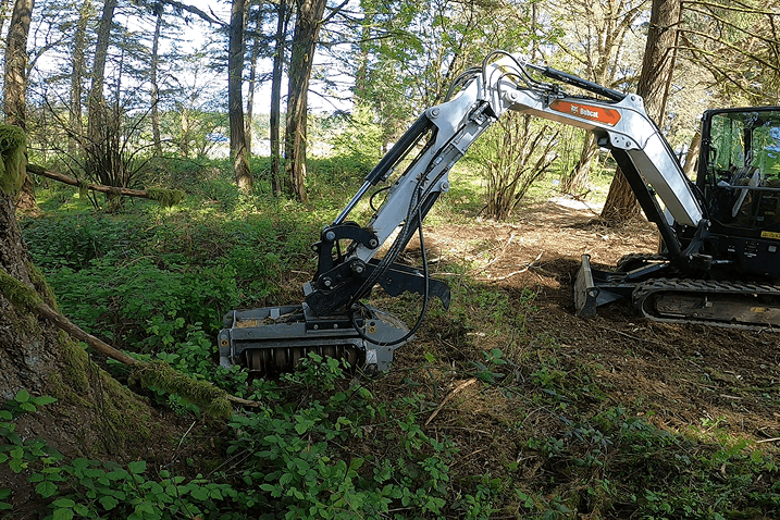 Bobcat excavator with brush cutter clearing vegetation in a wooded area with trees and bushes.
