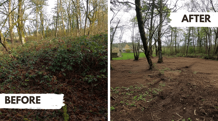 Side-by-side before and after clearing of a woodland area with dense undergrowth removed.