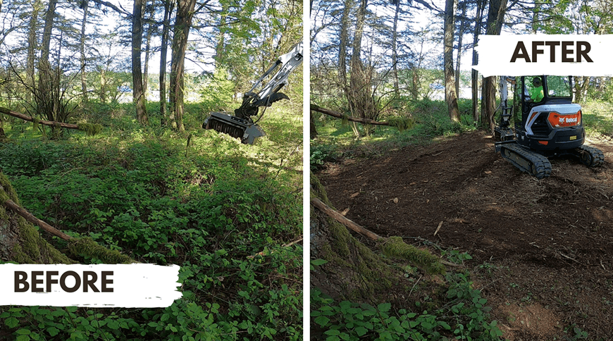 Side-by-side forest clearing before with dense brush and after with cleared ground and small excavator.