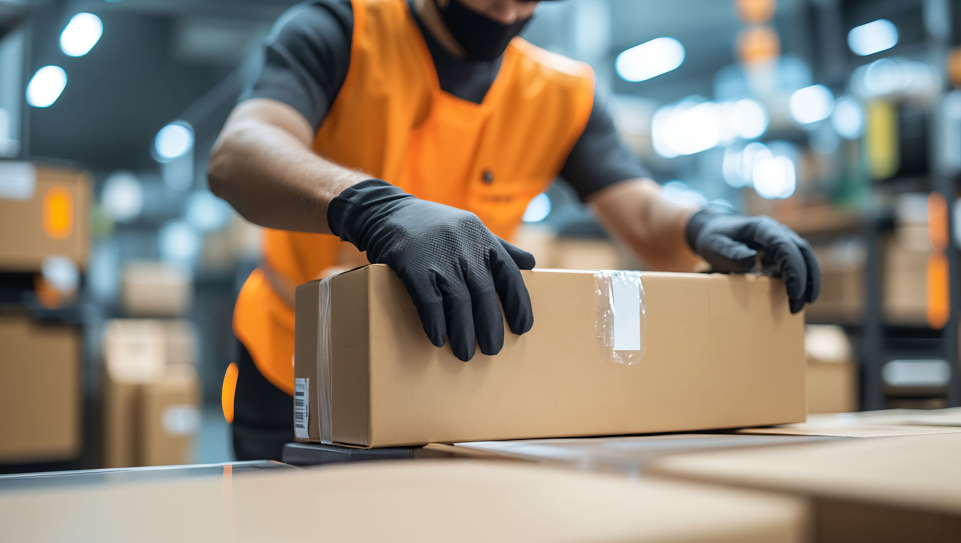 Warehouse worker in orange vest and black gloves handling a cardboard box on a conveyor belt.