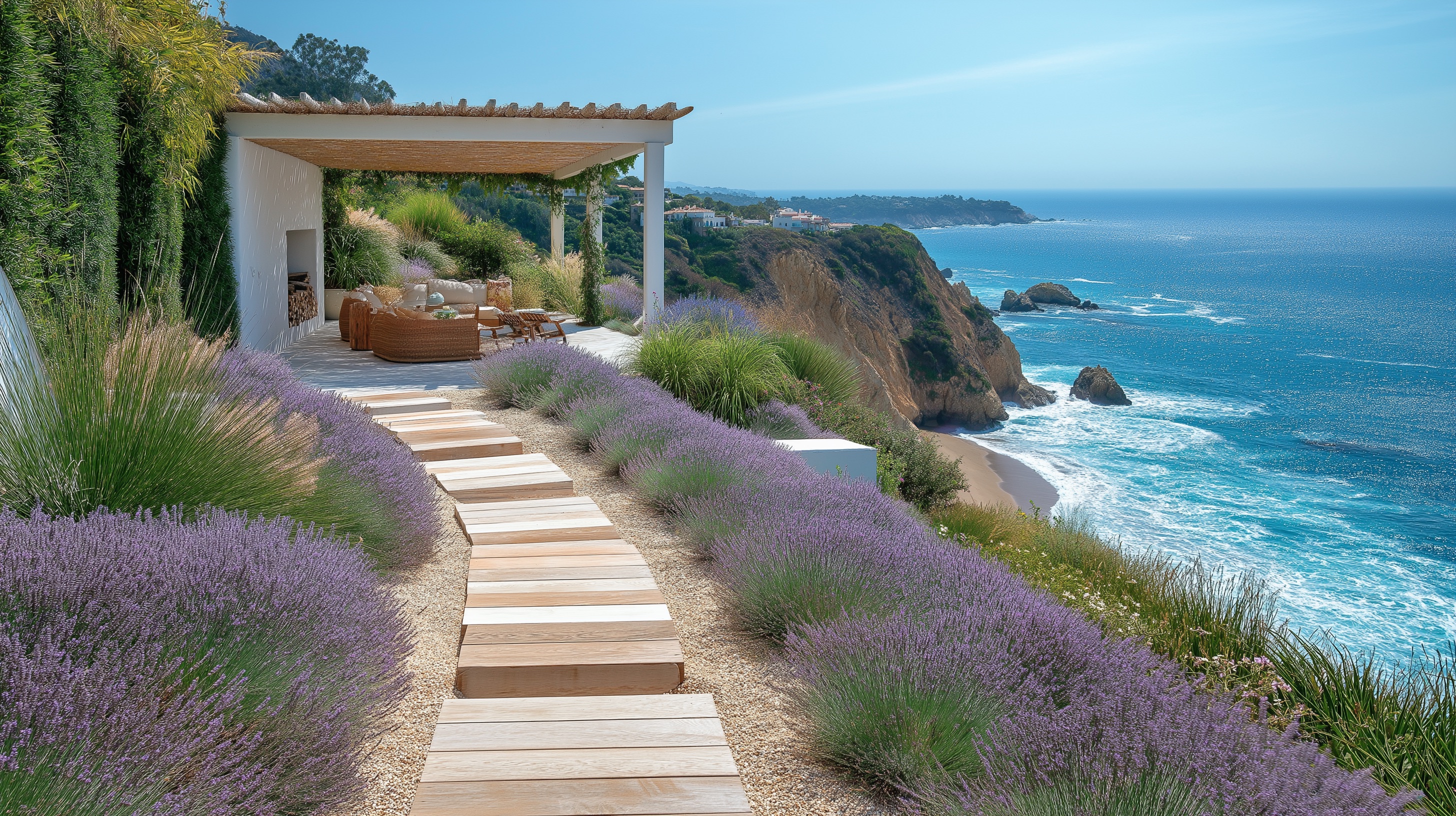 Evening view of a terraced landscape with warm integrated lighting