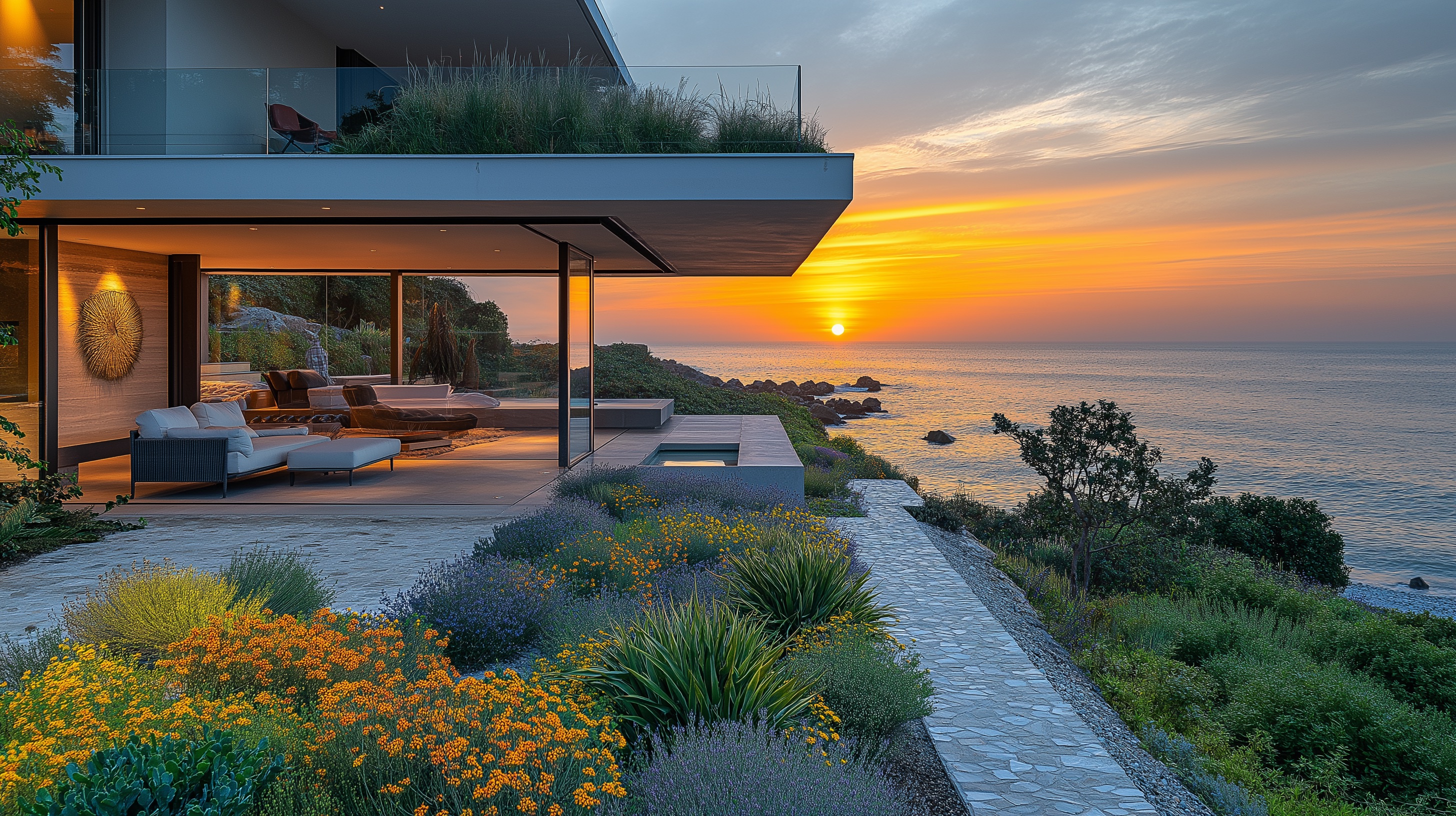 Stone steps and SRW retaining walls in a multi-level landscape