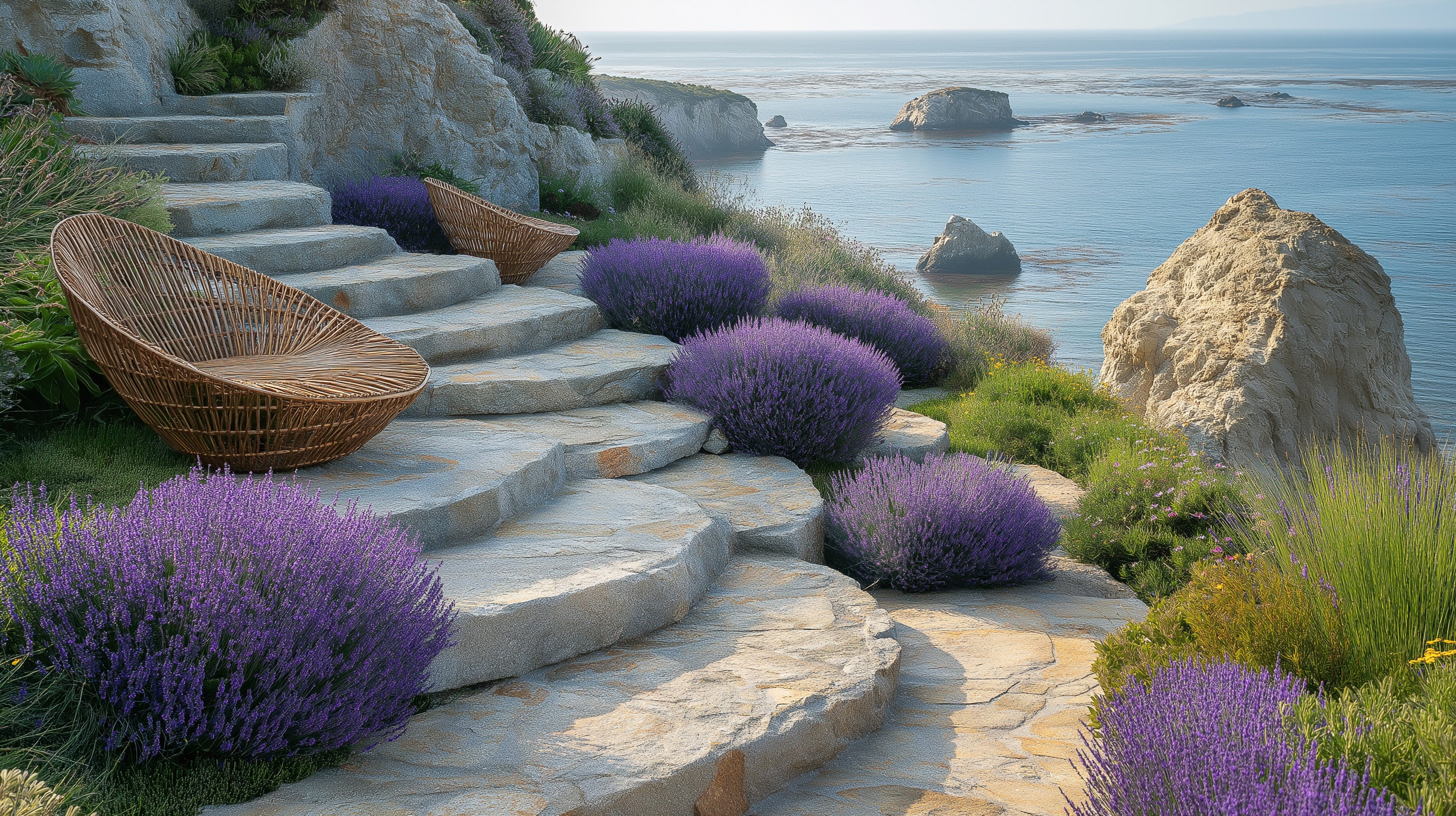 Layered retaining-wall garden with integrated lighting at dusk