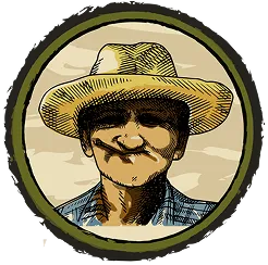 Illustration of a person wearing a wide-brimmed hat, with a mustache and wearing a checkered shirt, framed by a circular border.