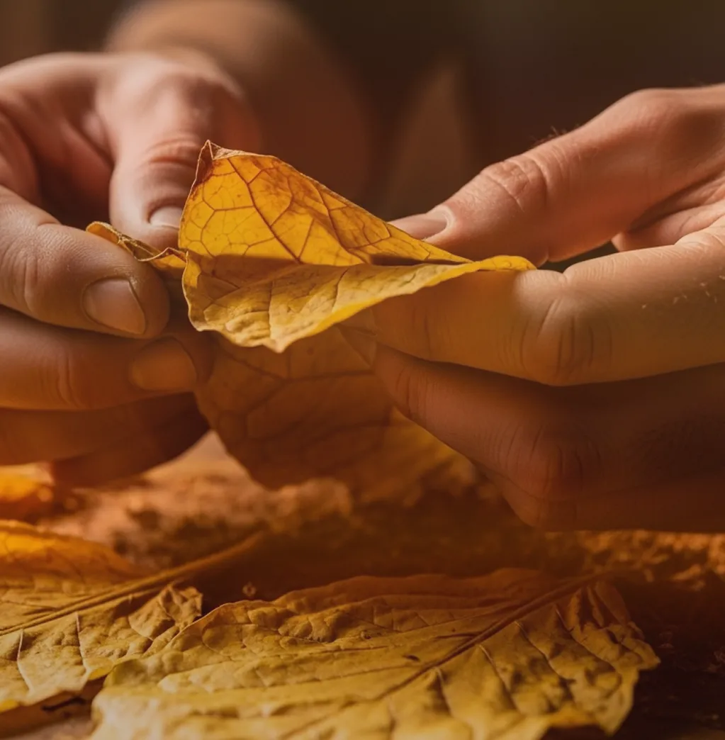 Hands holding and inspecting a dried tobacco leaf against a blurred brown background.