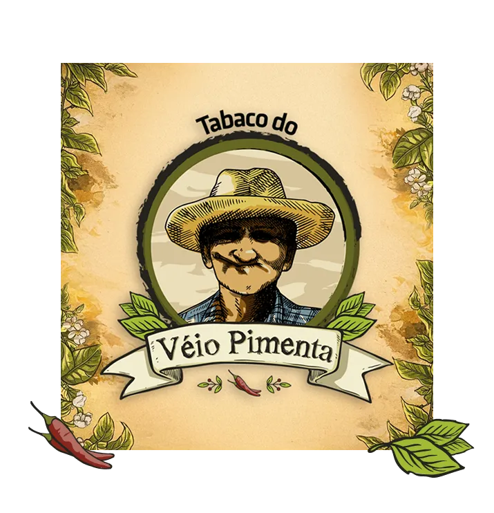 Packaging for Tabaco do Véio Pimenta featuring an illustrated man with a straw hat surrounded by tobacco leaves, labeled 25g, sem talo Virginia, and tabaco desfiado.