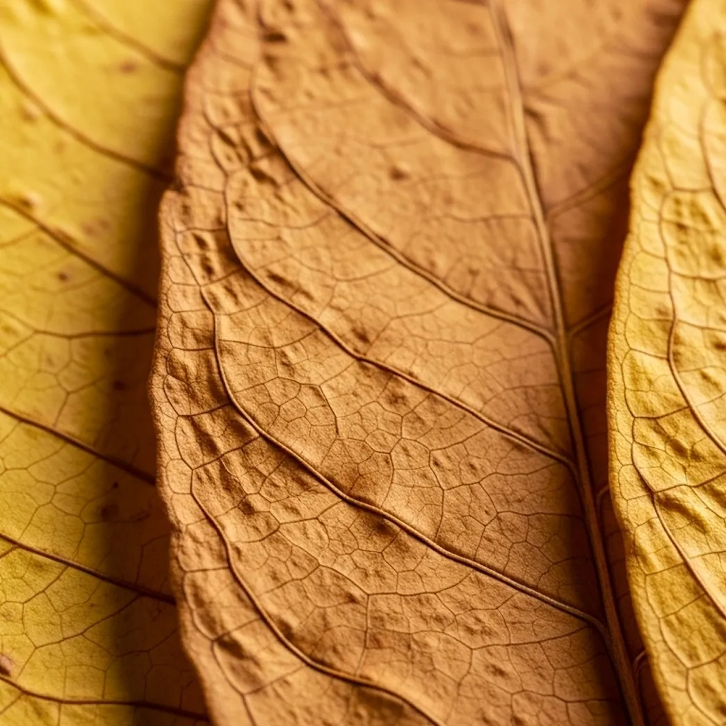 Close-up of dried tobacco leaves showing detailed veins and texture in shades of brown and yellow.