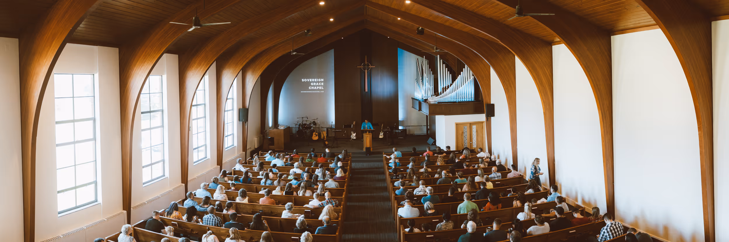Wide angle view of sanctuary from the back.