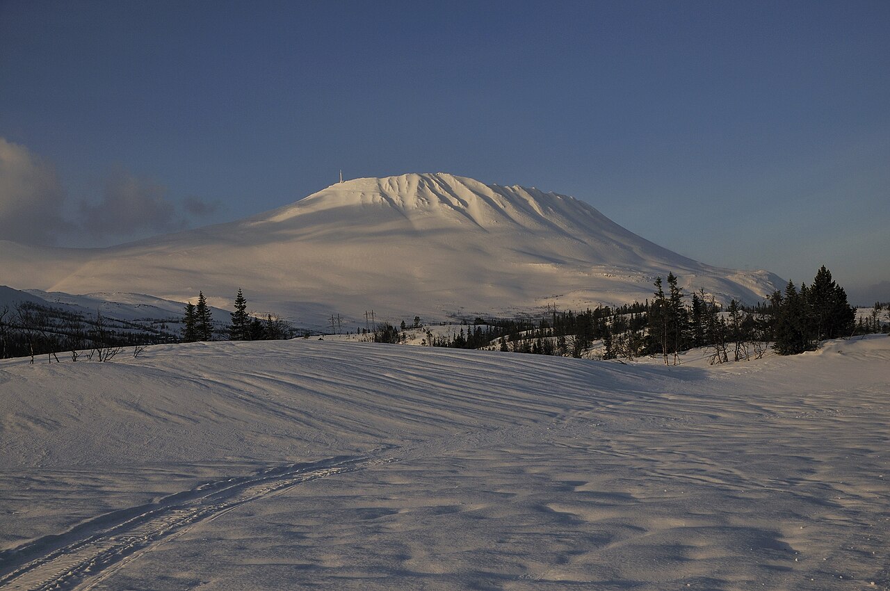 Snow-covered mountain under a clear blue sky with a few scattered trees in the foreground.