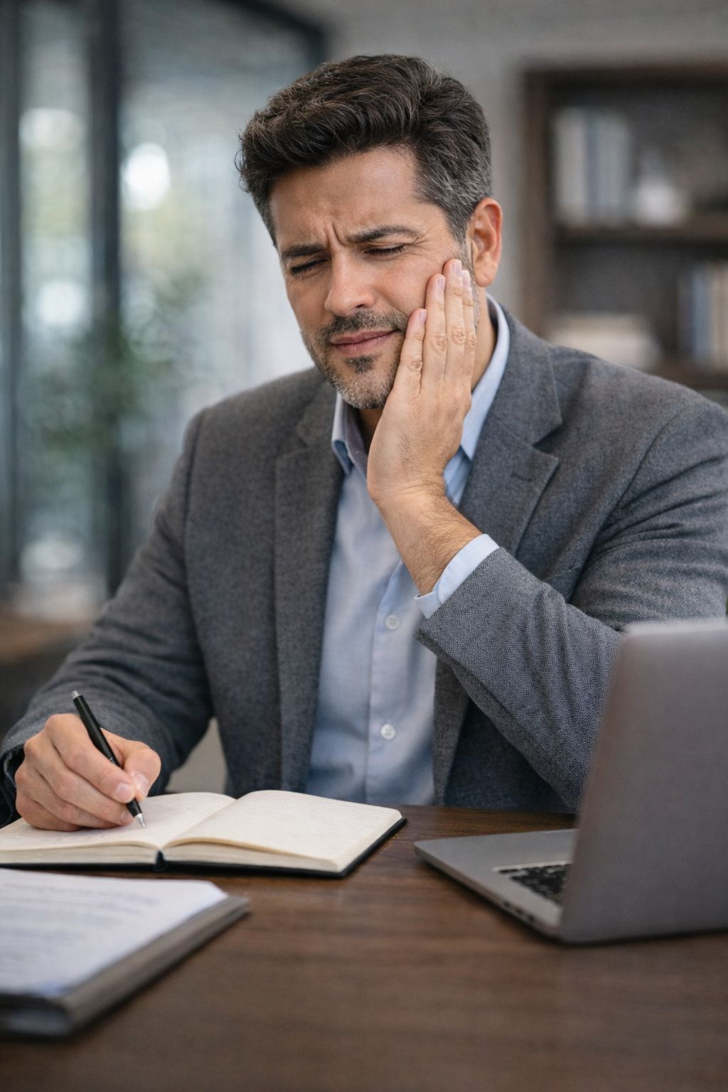 Hombre latino de 45 años con molestia dental en su lugar de trabajo, evaluando tratamiento de endodoncia en Tijuana
