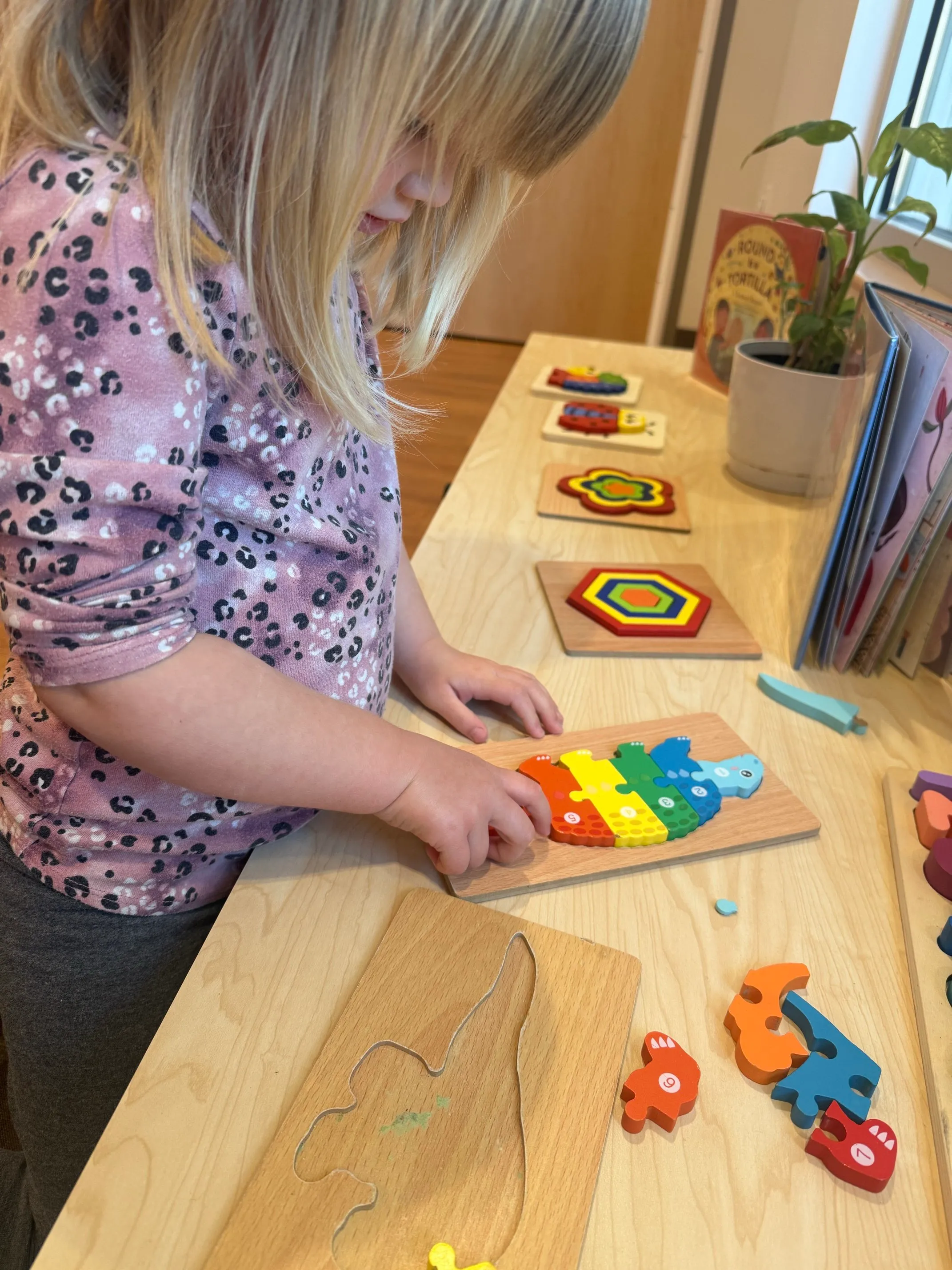 A young child in a pink leopard print shirt playing with a colorful wooden dinosaur puzzle on a light wood table with other puzzles and a potted plant nearby.
