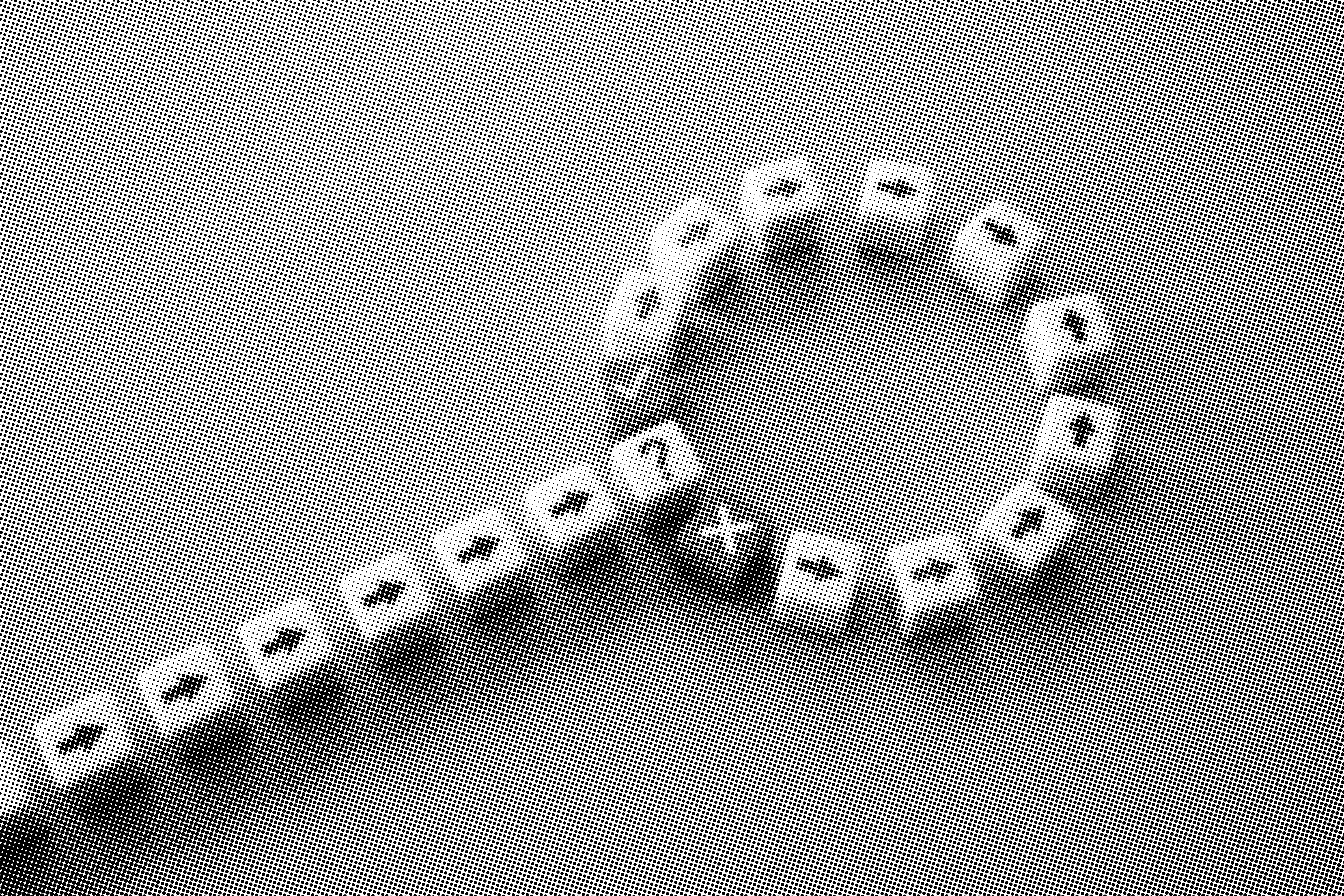 grayscale, halftone image of several white cubes with arrow symbols forming the shap 
