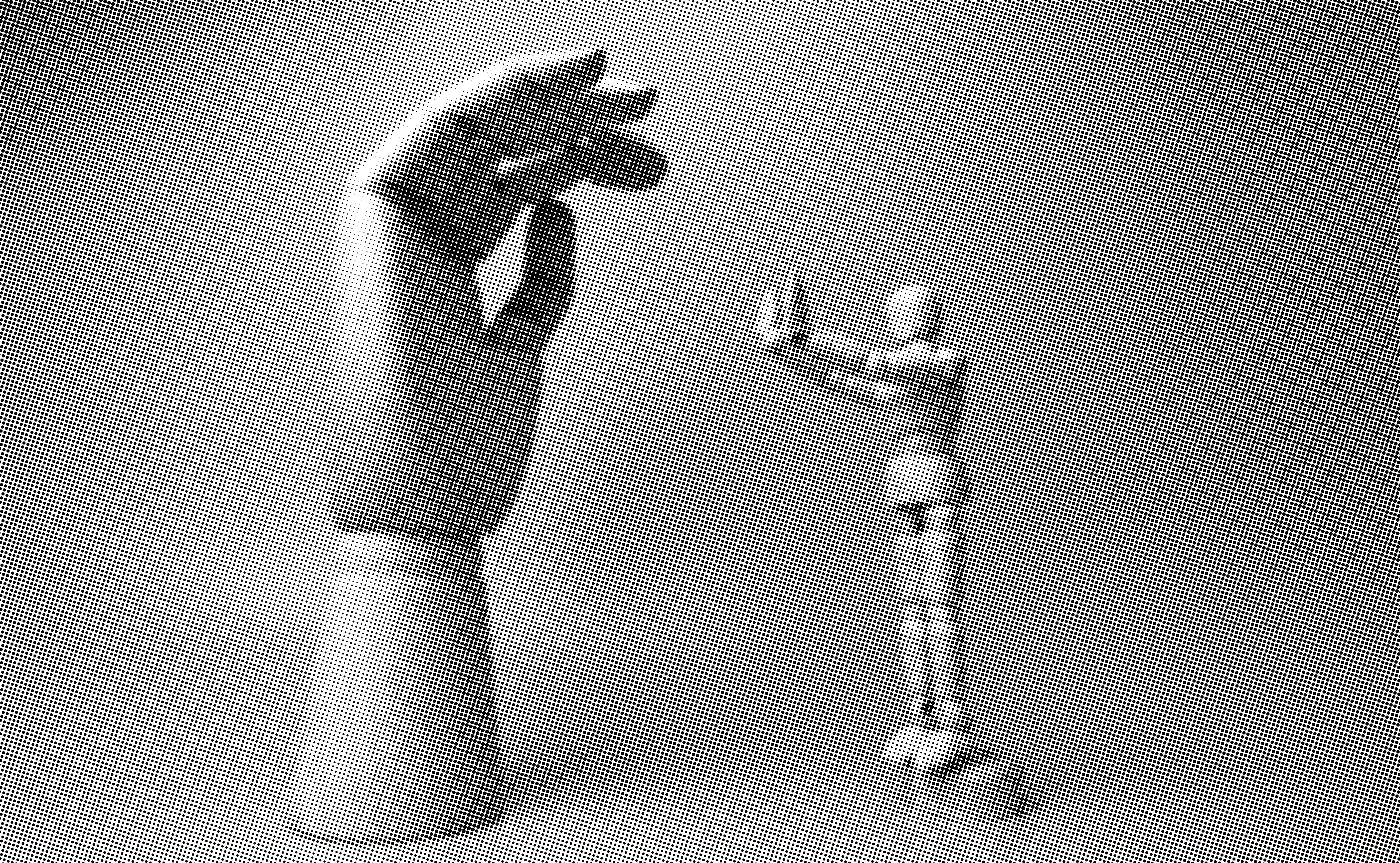 grayscale, halftone image of a wooden art pose reference doll putting its hands up to stop or brace a giant wooden hand taller than it from coming down on it. or maybe giving it a high five, if you look at it in a less sinister light, but it does sort of have sinister vibes, so do with that what you will 