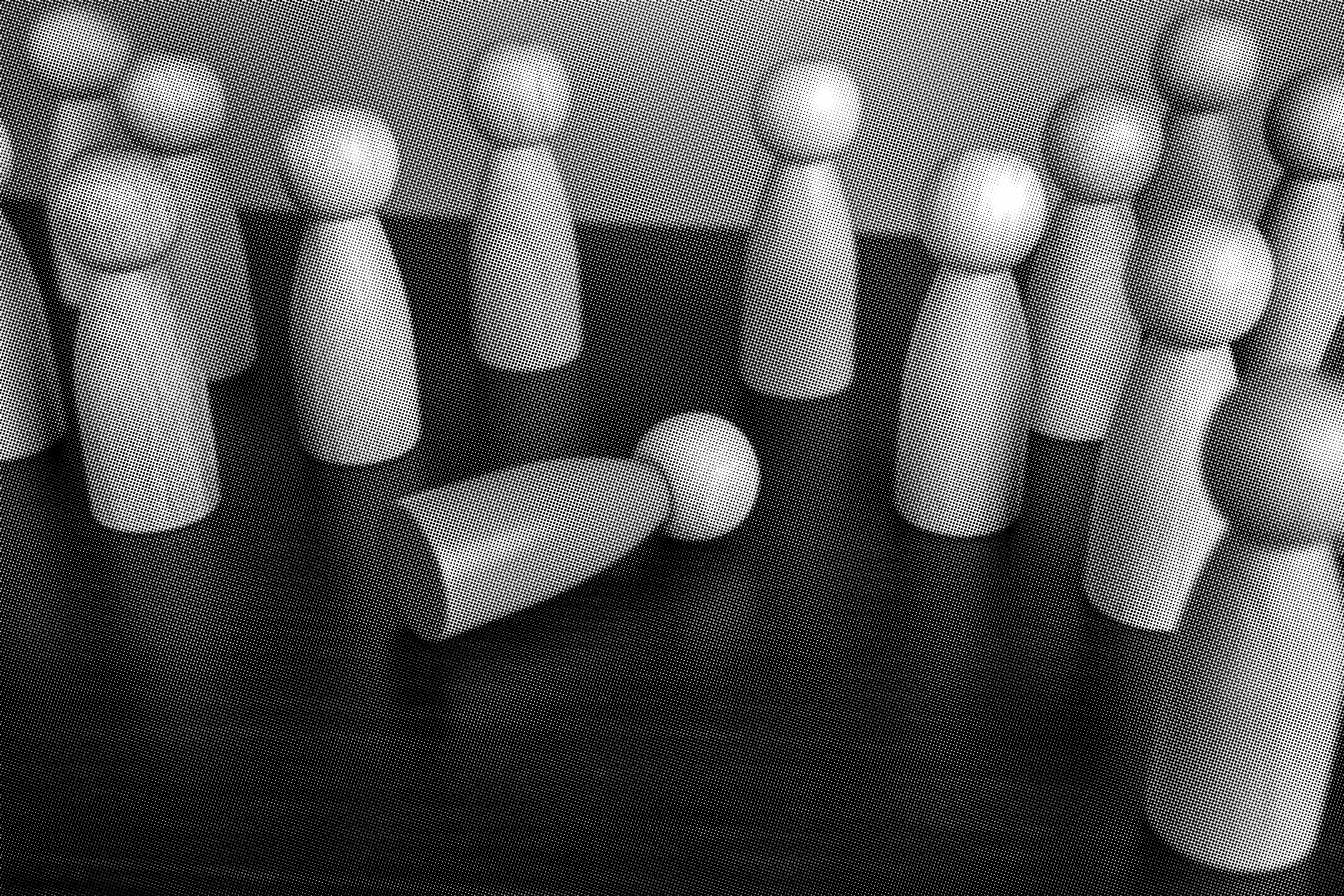 grayscale, halftone image of wooden pieces that look like people in a crowd surrounding and looking at a person that has fallen over judgingly