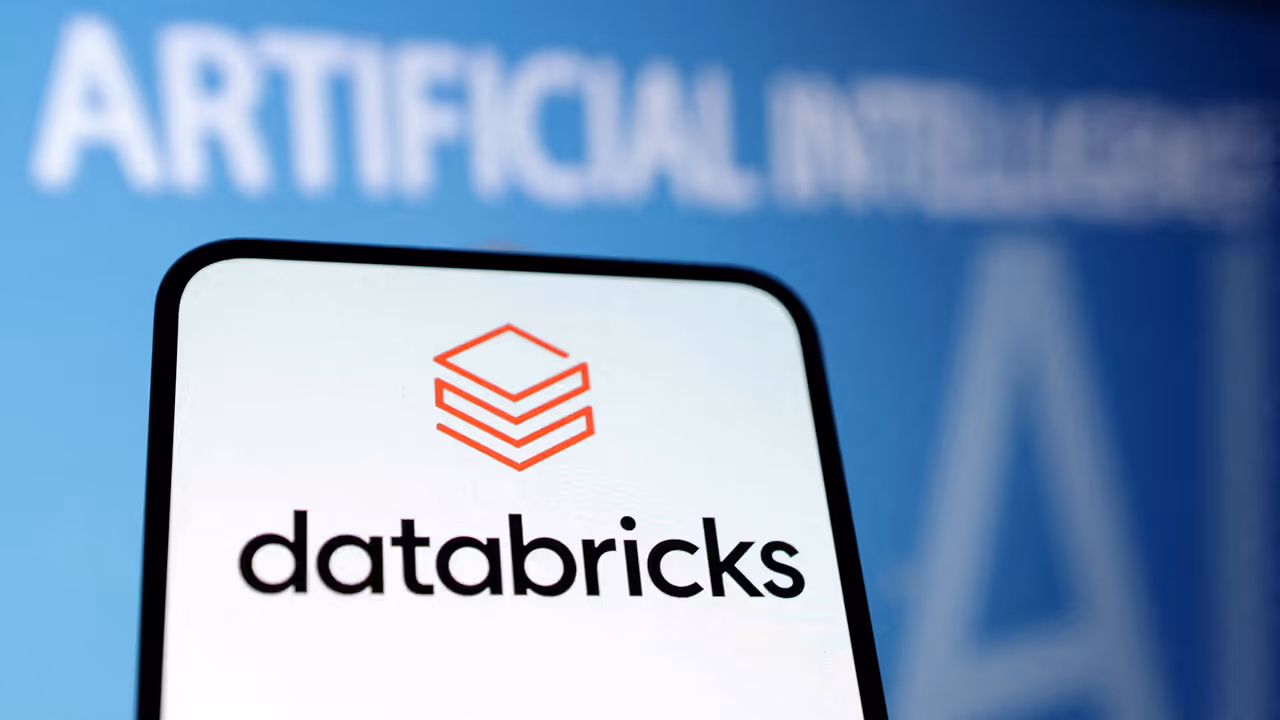 Phone screen displaying Databricks logo with stacked cube icon against Artificial Intelligence background