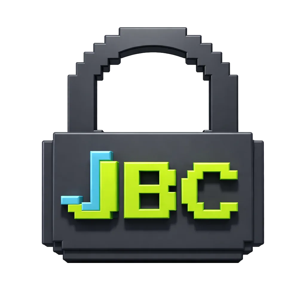 JBC Growth logo, a charcoal pixel-art padlock with the letters JBC in cyan and lime