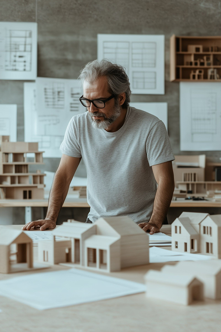 A man looking at the 3d plan of his new house