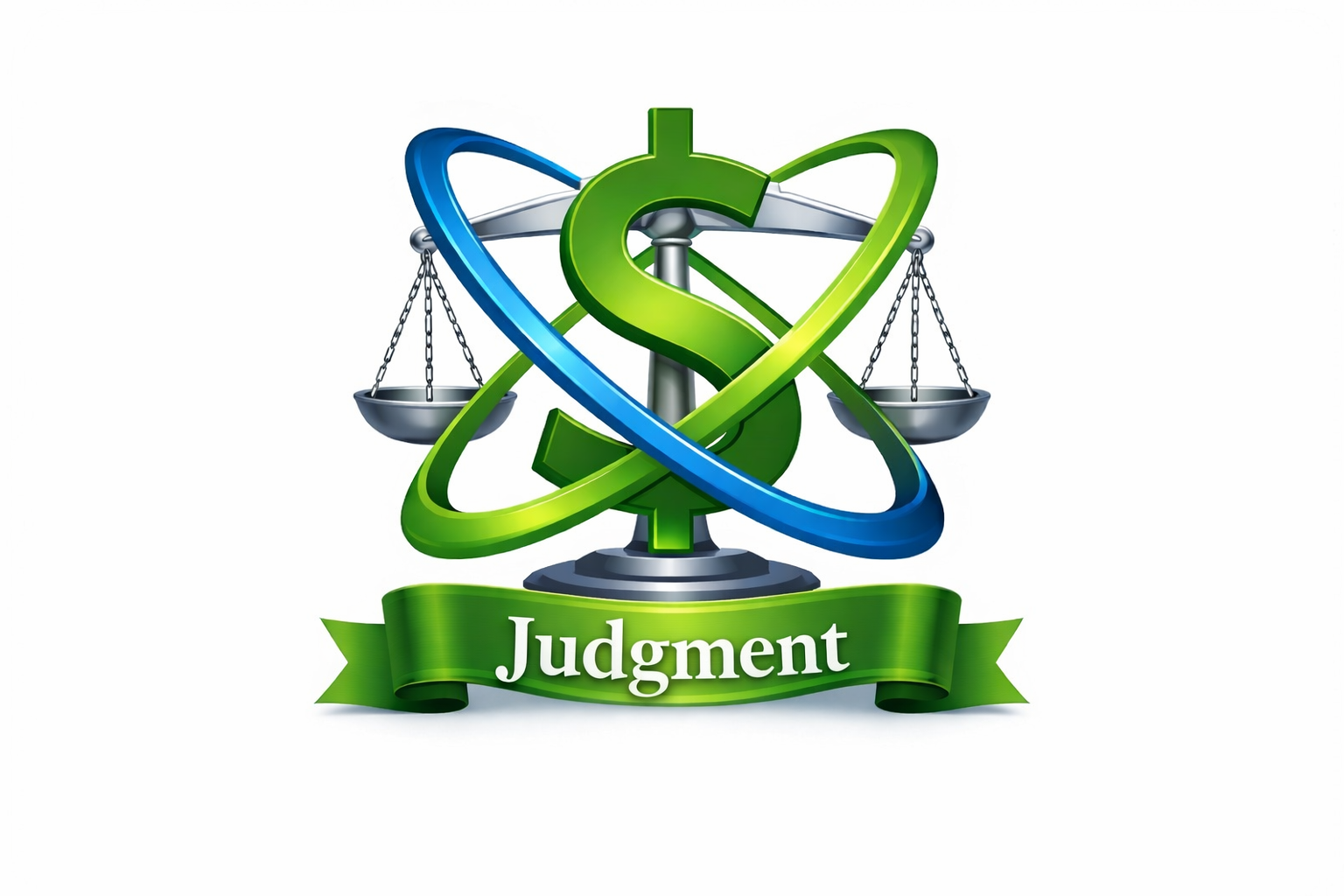 Green dollar sign intertwined with blue and green atomic orbit rings over justice scales, with a green ribbon below reading Judgment.