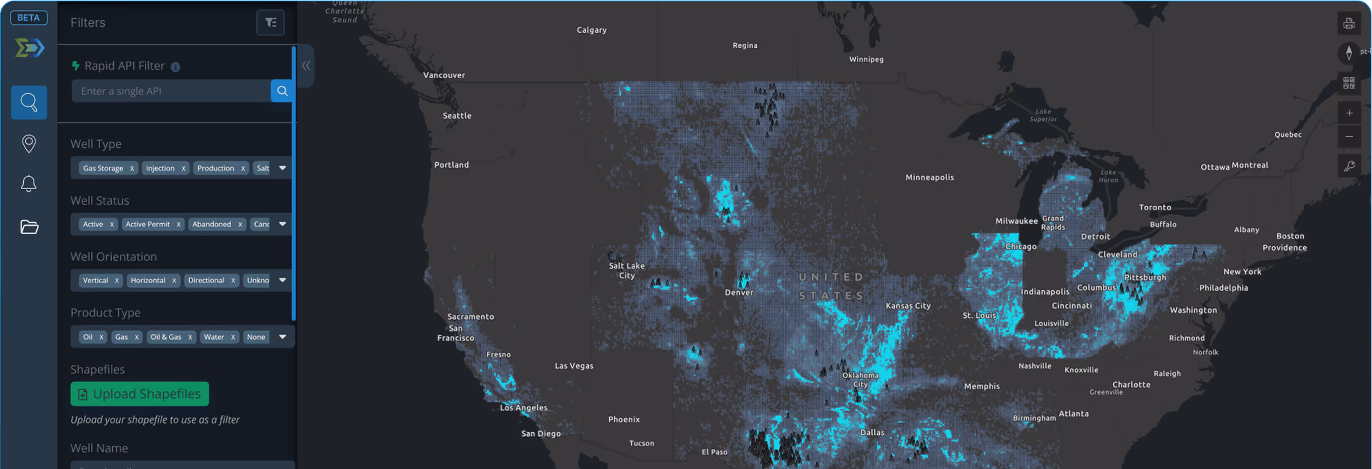 Interactive map of the United States showing well data points with filters for well type, status, orientation, and product type on the left sidebar.
