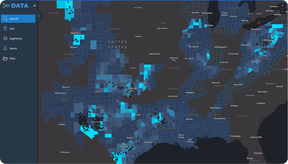 Interactive map of the central and eastern United States showing data density by county in shades of blue with clusters of icons representing data points, and a side menu with options for Search, AOI, Segments, Alerts, and Files.
