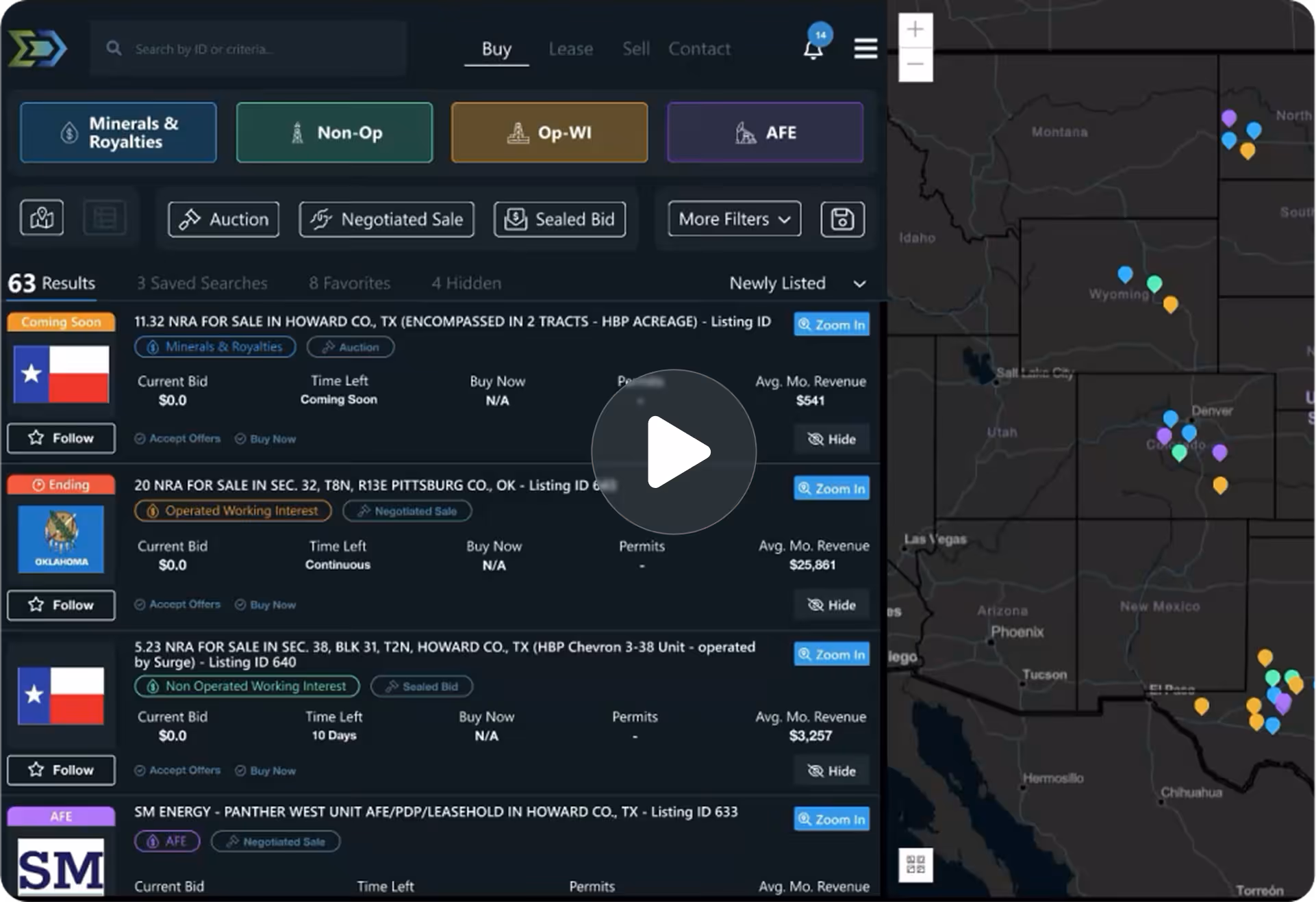 User interface showing a digital map with colored location pins and a dashboard listing several mineral and royalty properties for sale with details like current bid, time left, and average monthly revenue.