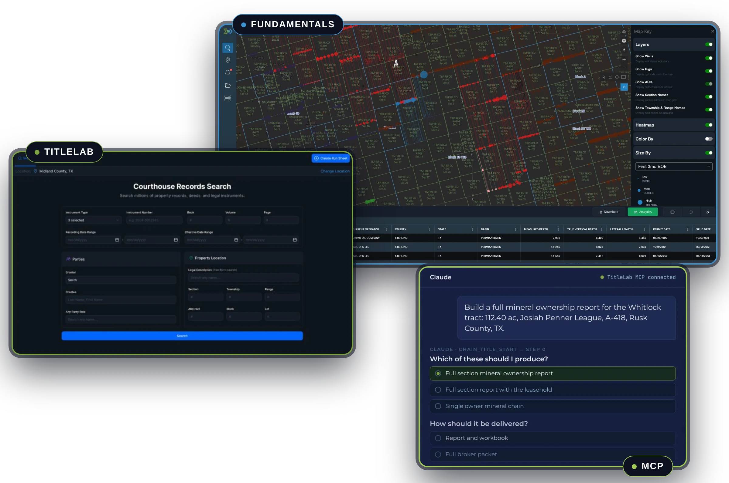 Energy Domain products: Fundamentals well map, TitleLab Courthouse Records Search, and the Energy Domain MCP in Claude