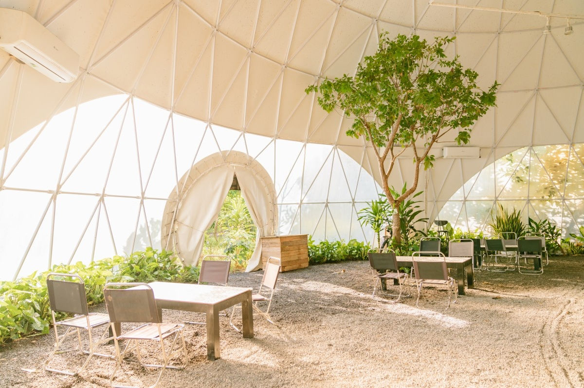 Bên trong King Dome Tent tại Panorama Glamping – không gian rộng 176m² với cây xanh, ánh sáng tự nhiên, máy lạnh và chỗ ngồi linh hoạt, phù hợp cho hội thảo, workshop hay team building.