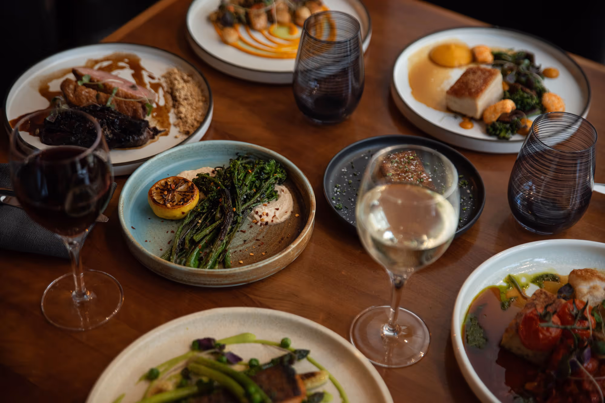 A spread of dishes at a restaurant.