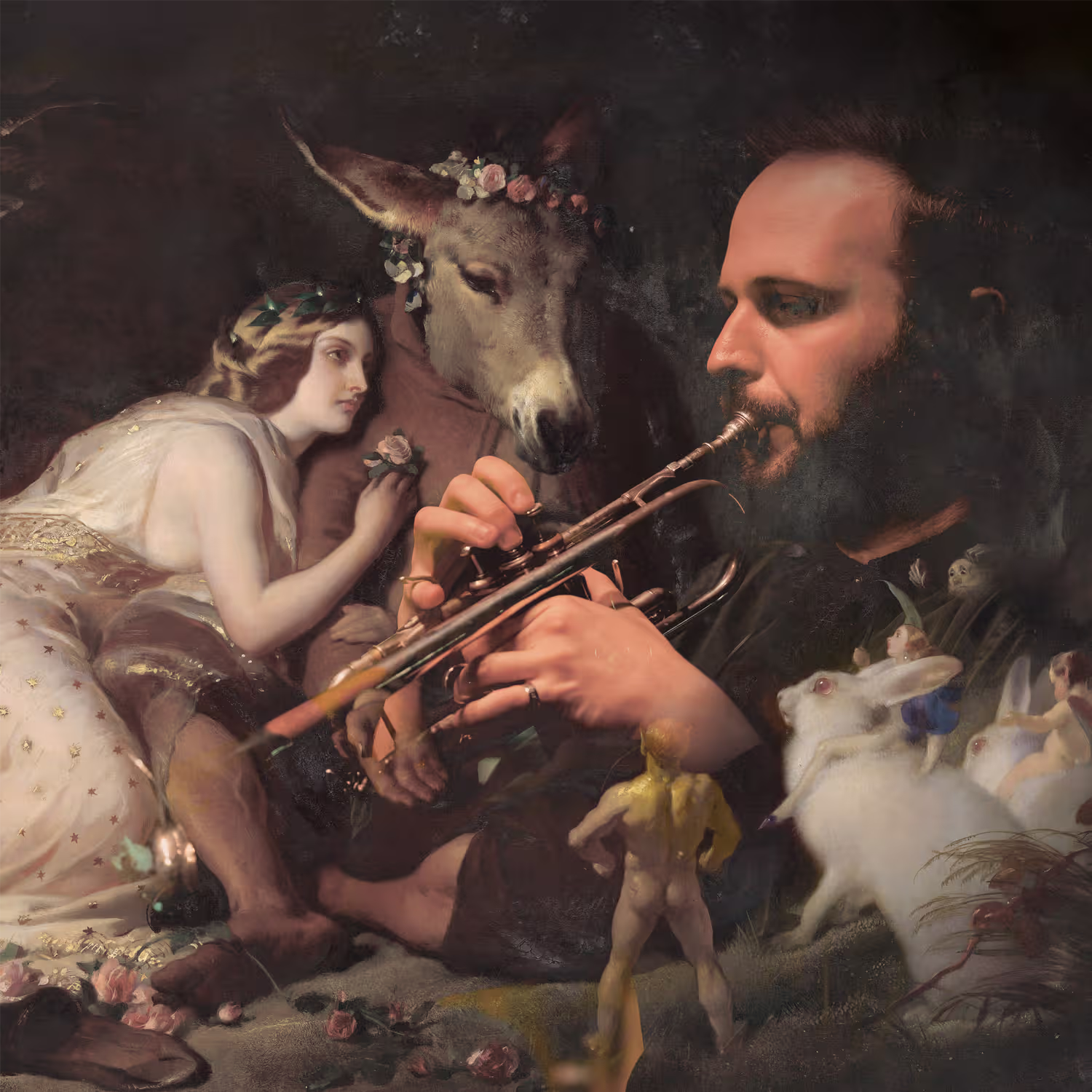 A surreal painting style image blends classical and modern elements, showing a woman in a flowing white dress offering a flower to a man with a donkey’s head crowned in flowers. A modern man plays a trumpet in the foreground, seamlessly merged into the old