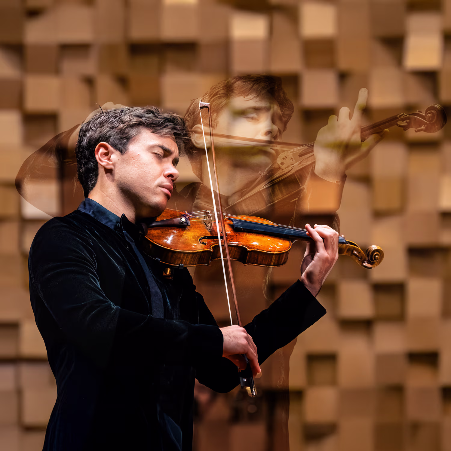 Benjamin Beilman playing a violin with a double exposure effect, showing two overlapping positions. The background features a textured, geometric design, adding an artistic and dynamic feel to the image.