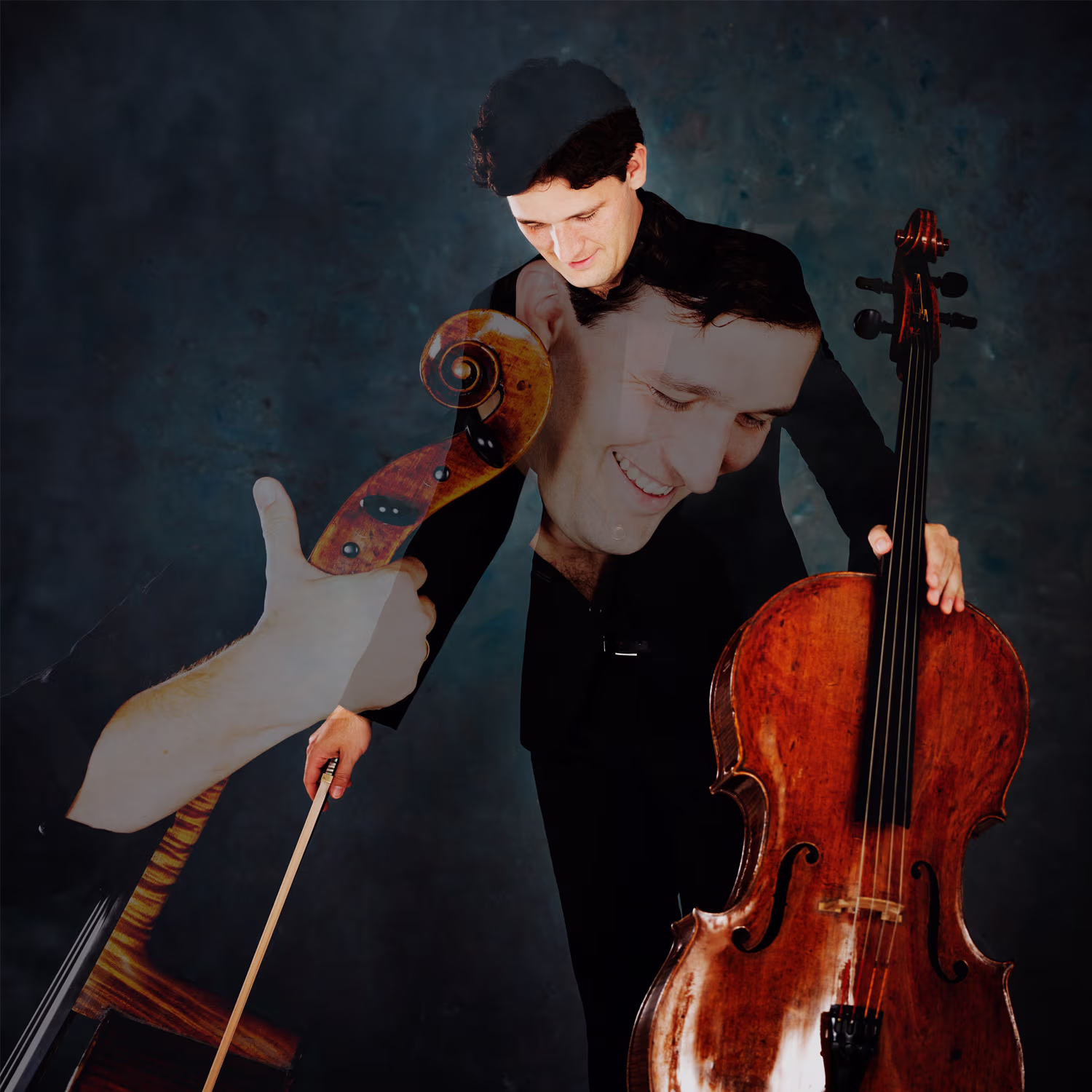 Maximillian Hornung playing a cello, captured with a double exposure effect showing two positions one with their head bowed and another smiling while looking at the instrument. The dark background emphasizes the cello’s wooden texture