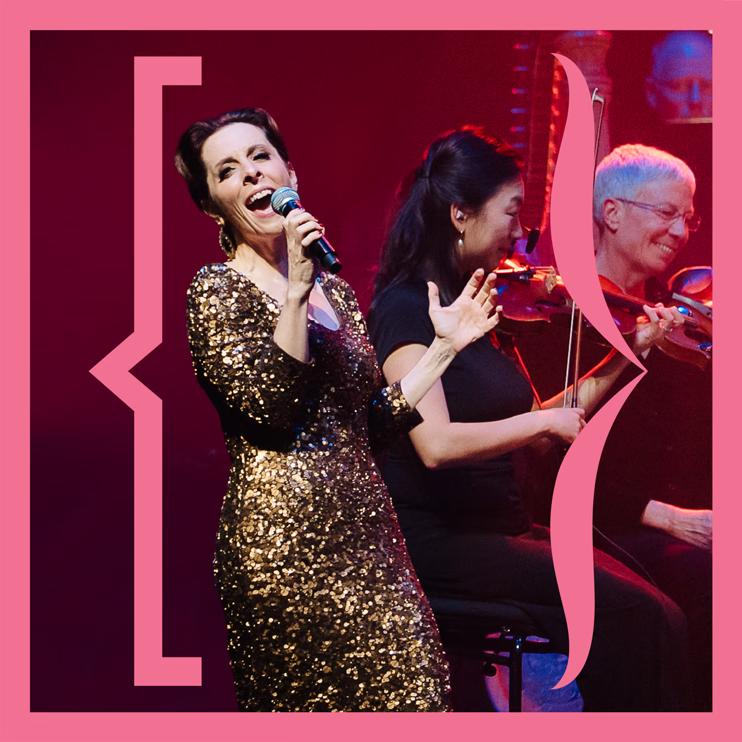 Stage performer in a gold sequined dress sings into a microphone with seated musicians behind filmed