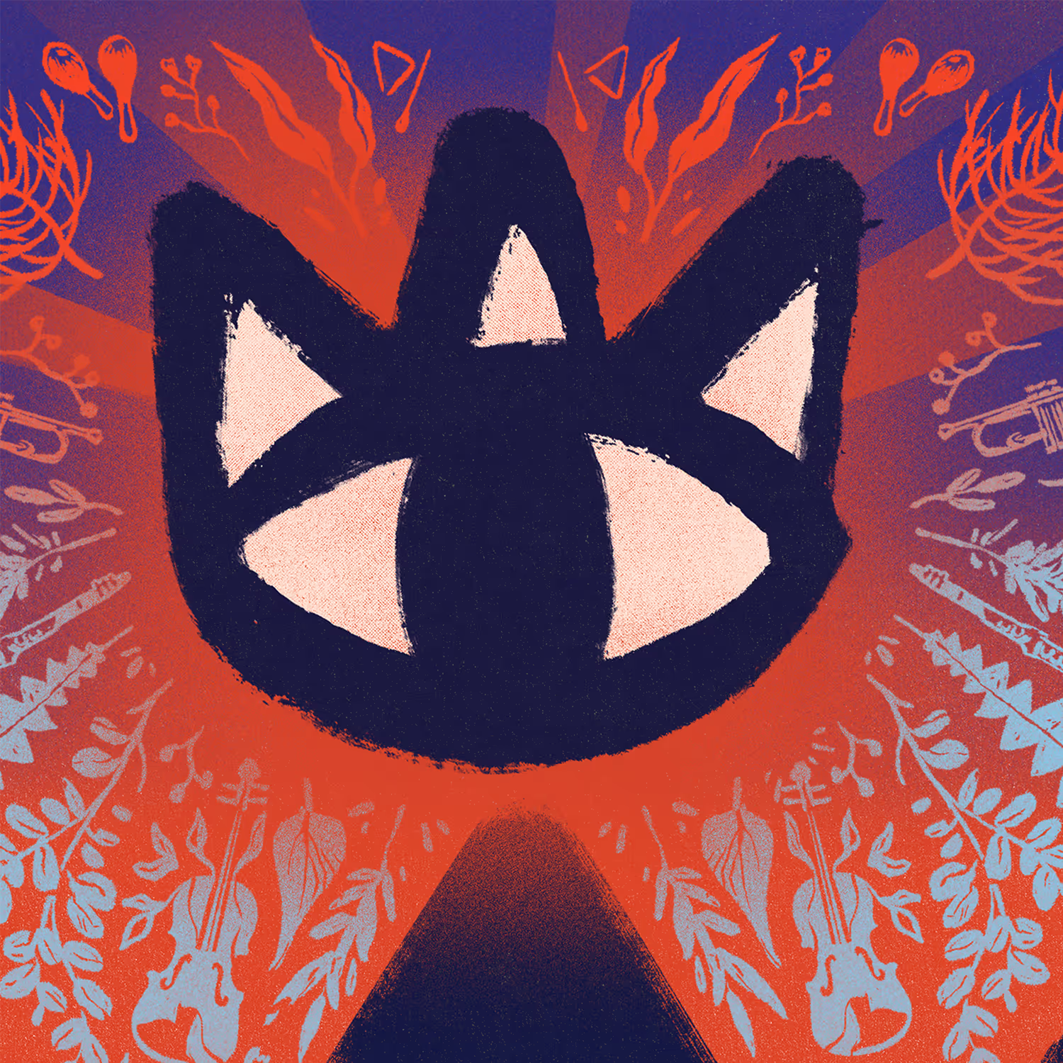Poster featuring stylised black cat face, red and blue patterns, The Cat Empire concert details.
