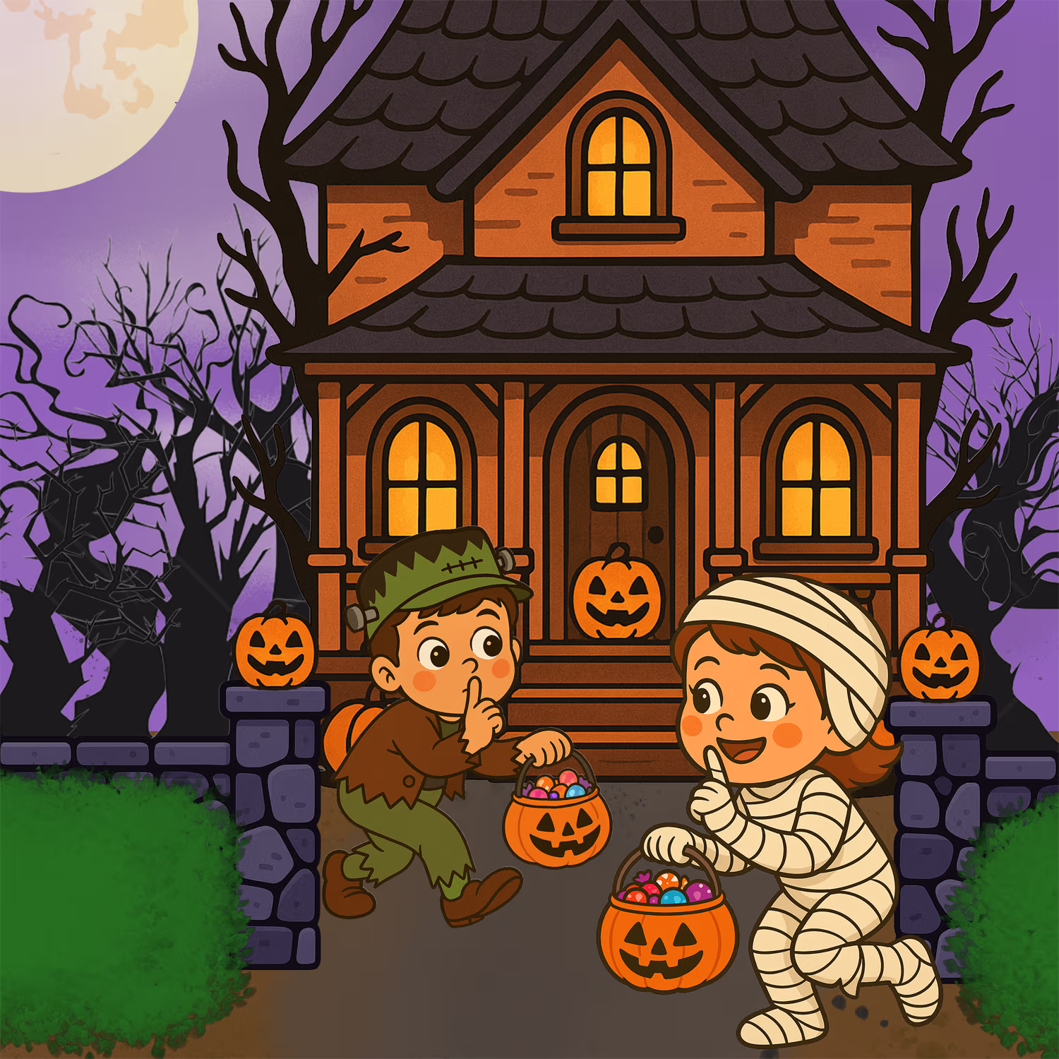 Cartoon-style Halloween scene showing two children in costumes trick-or-treating in front of a spooky house. One child is dressed as a mummy holding a pumpkin-shaped candy bucket, and the other is dressed as a scarecrow making a shushing gesture