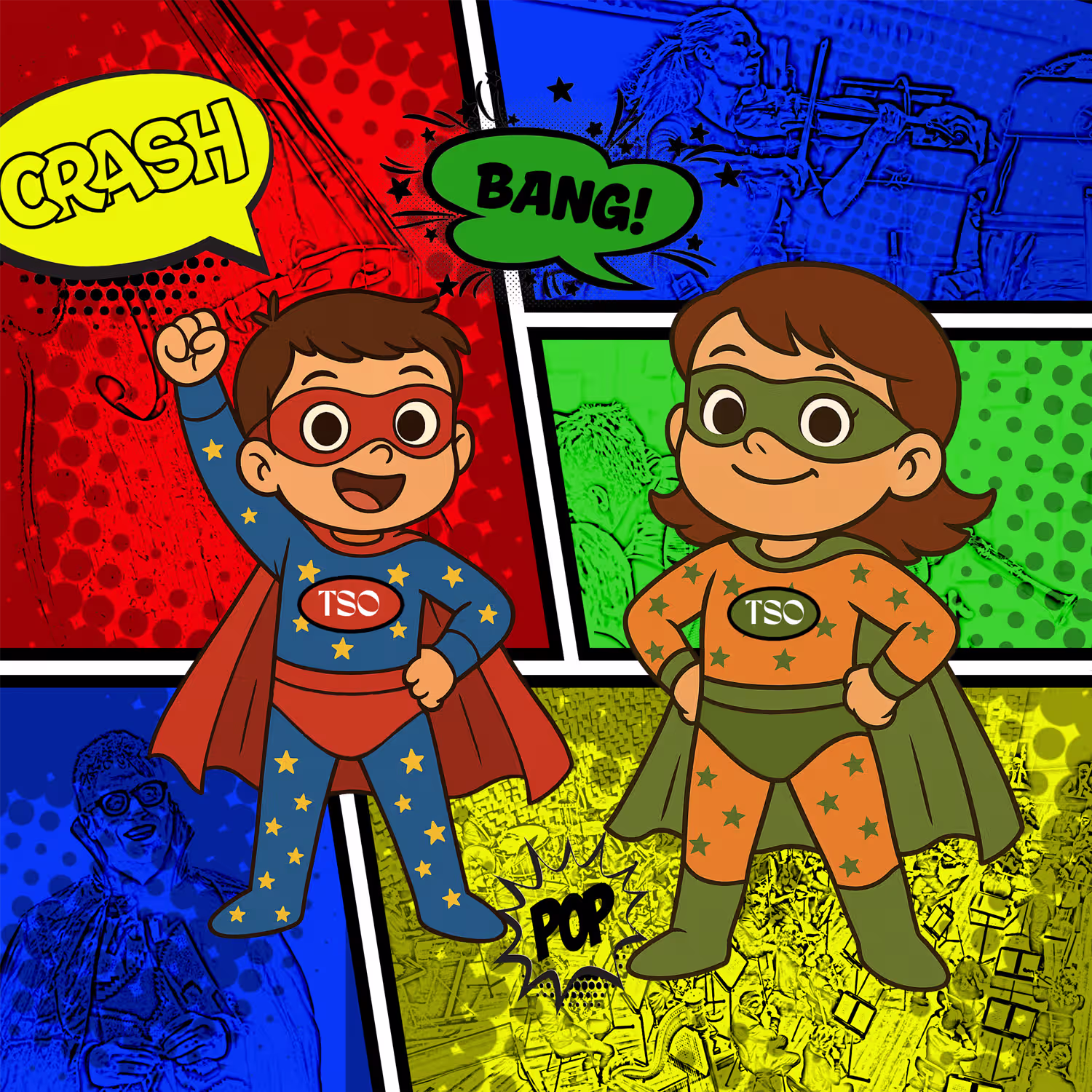 Colorful comic-style illustration featuring two cartoon superheroes wearing capes and star-patterned costumes with ‘TSO’ on their chests. One character in a blue outfit with a red cape and mask raises a fist, while the other in an orange outfit