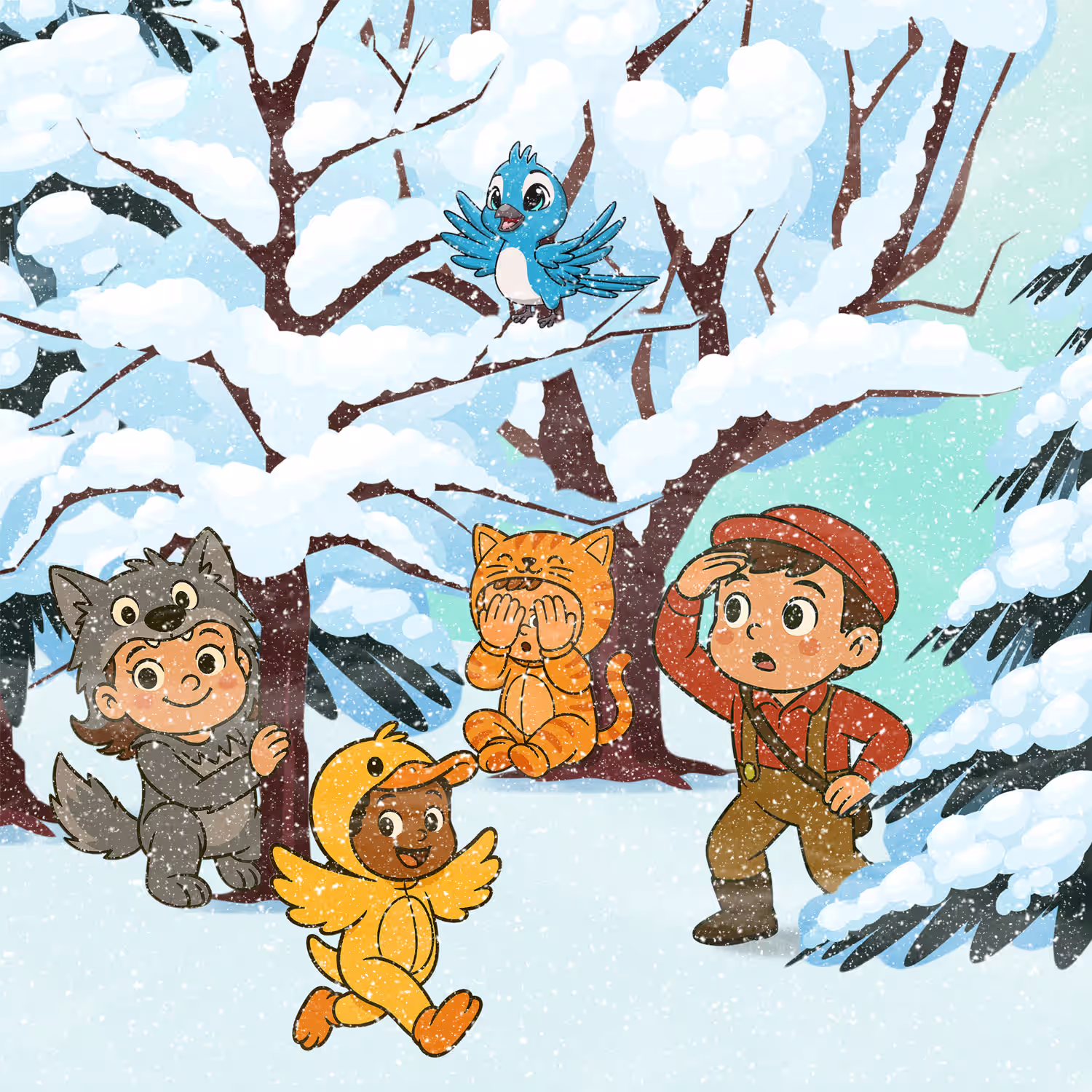 Illustration of a snowy forest scene with five characters from Peter and the Wolf