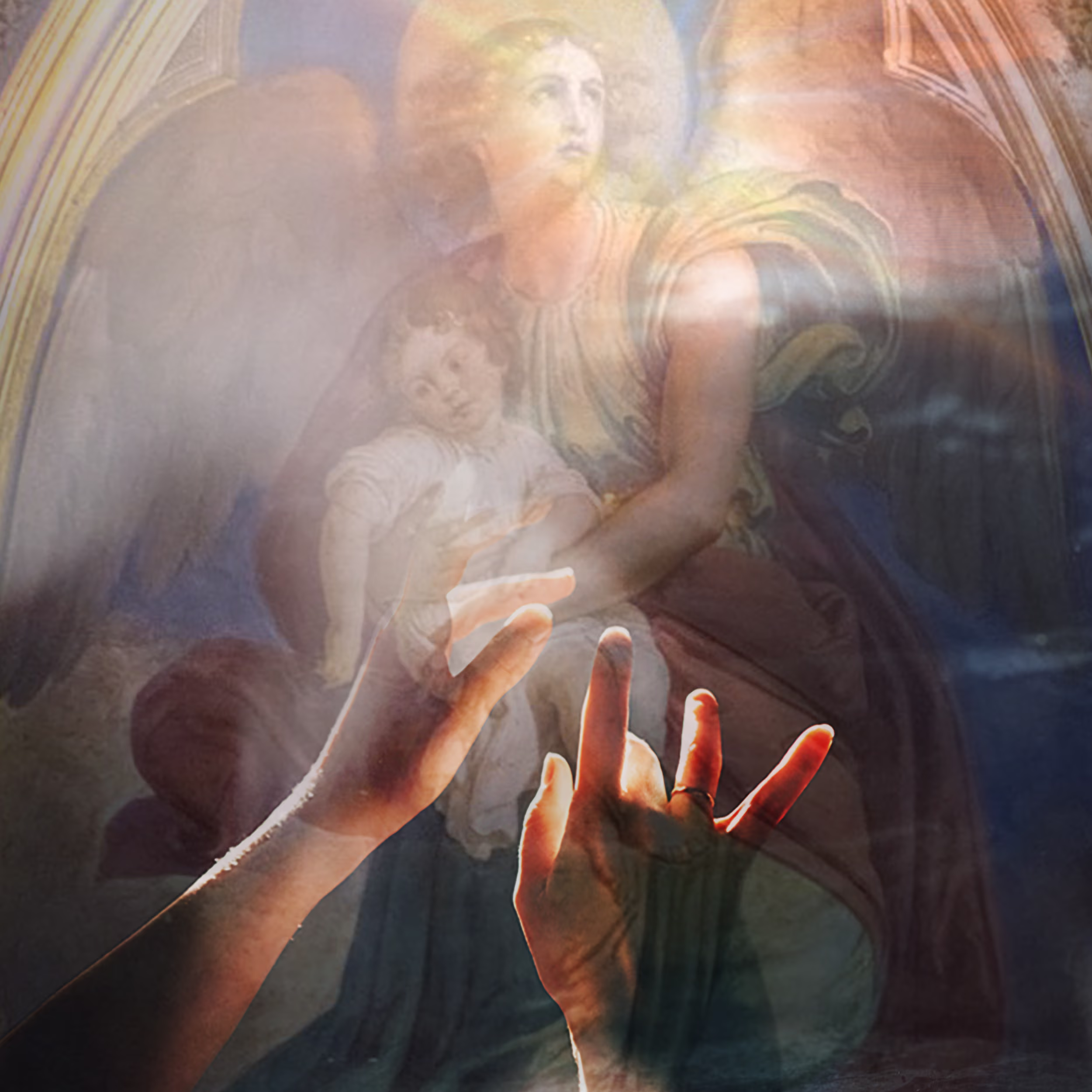A composite image featuring a classical painting of an angel holding a child, both illuminated by a soft halo. The angel gazes upward and wears flowing robes. Superimposed are two hands reaching upward, bathed in sunlight with lens flares.