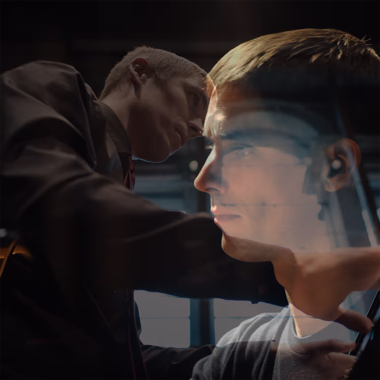 Double exposure photograph of pianist Cédric Tiberghien. One image shows him in profile, focused while playing the piano, and the other is a close-up from a different angle, emphasizing his concentration and dedication to the performance.