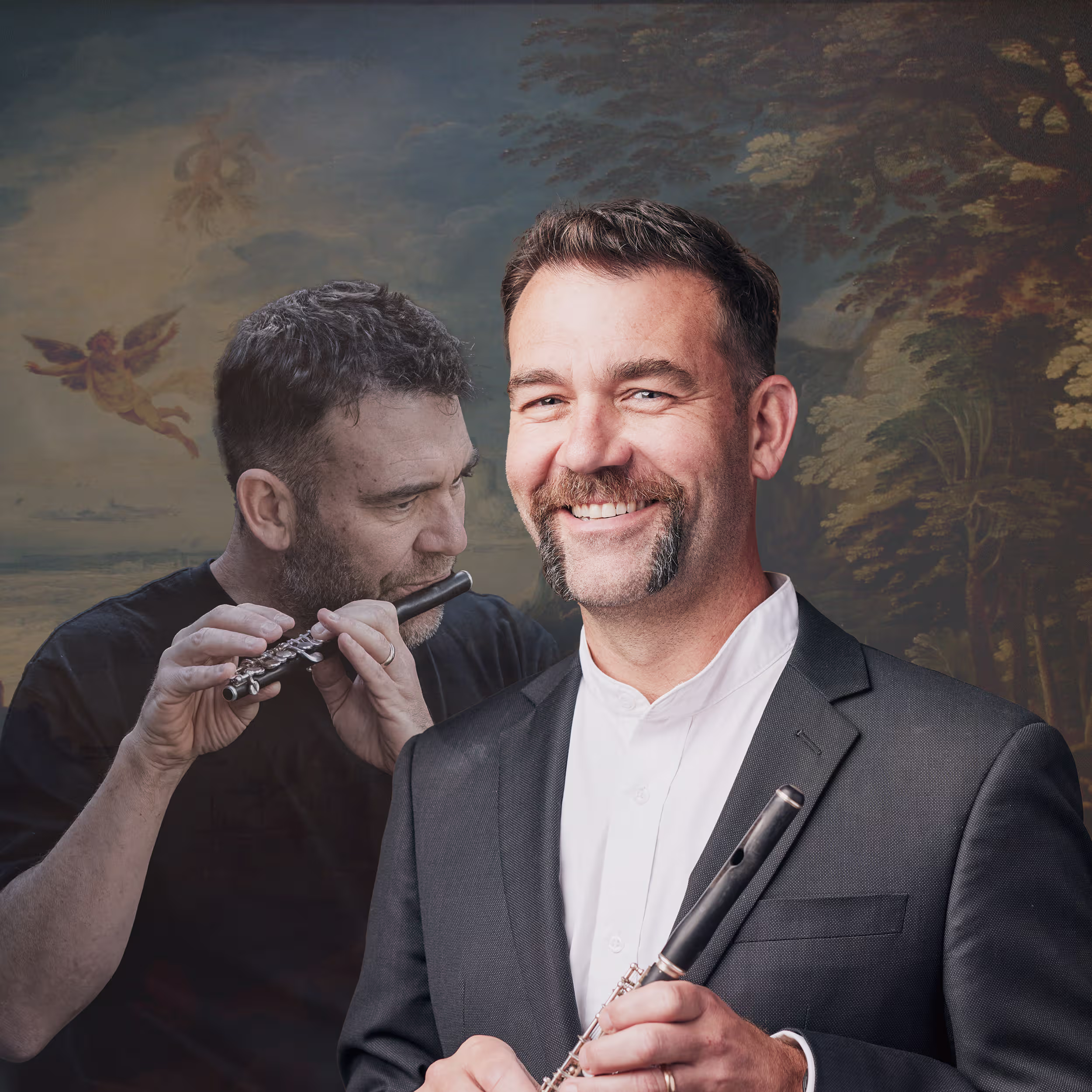 Lloyd Hudson in a suit holding a flute and smiling in the foreground, with a semi-transparent overlay of him playing the flute in the background. Behind them is a scenic painting featuring trees and an angelic figure flying in the sky