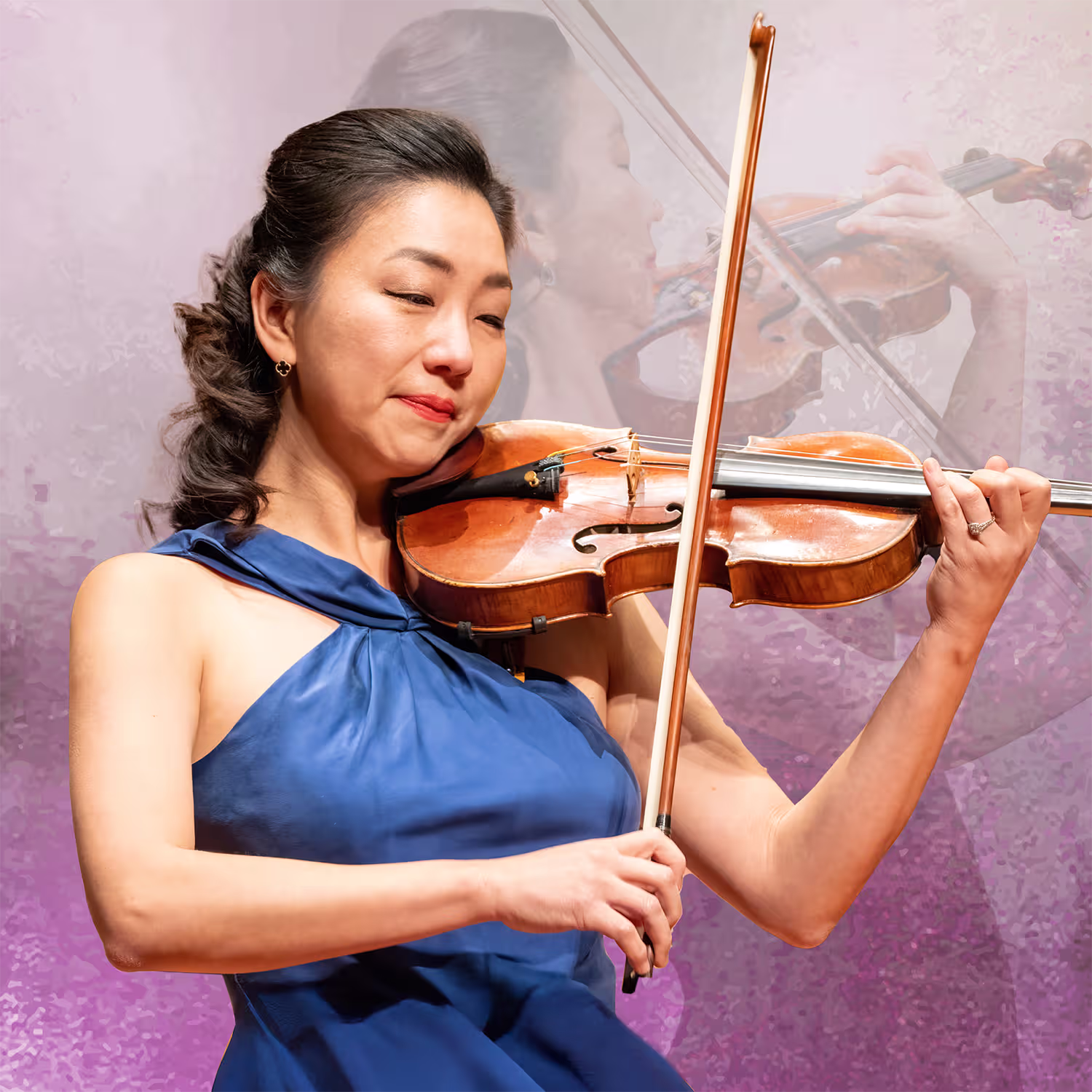 Violinist Ji Won Kim performing, wearing a blue dress. The background features a soft blend of purple and green hues with a faint overlay of her playing the violin.